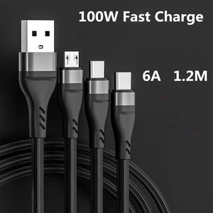 3 I 1 Fast Charging Cables 6A 100W Typ C USBC USB-C Micro Cable Chargers-sladd 1,2 m för smarttelefon