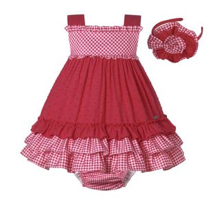 Flickans klänningar pettgirl Plaid Born Baby Clothes Set Summer Dress Girl Children Red Printing Casual Kids Princess Costume Age 6 9 12 18 24mgi