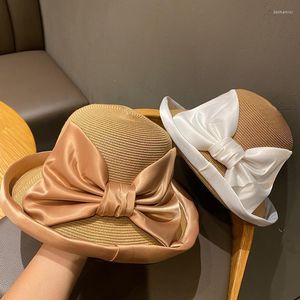 Wide Brim Hats Vintage Spring Summer Paper Grass Patchwork Cloth Ribbon Bow For Women Lady Sun Hat Beach Casual Chapeu Fedora Delm22