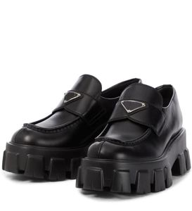 Kvinnor avslappnade loafers skor svart äkta läderplattform sula sko monolit borstade läder pekade och runda p märke sko