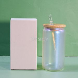 DHL 배달 16oz 대나무 뚜껑과 빨대 2022를 가진 16oz 승화 무지개 빛나게 유리 컵 스트레이트 프로스트 투명 커피 유리 머그 텀블러