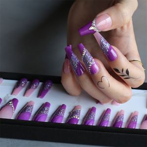 Luxury Coffin Glitter purple clear fake nails with crystals Gel Pink Long False nails French Lengthen 220726