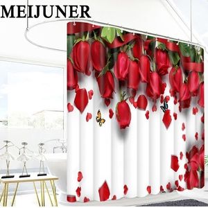 Meijuner 3D Bathroom Red Rose Flower Waterproof Fabric Shower Curtain Bedroom Valentines Day Wedding Party Decoration Y200108