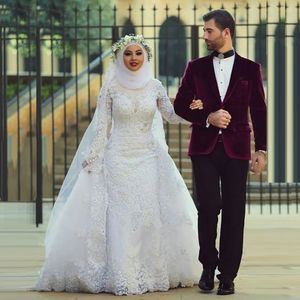Muzułmańska wysoka szyja z długim rękawem Dubaj Arabska Syrenka Suknia ślubna Eleganckie aplikacje Koronki Saudyjska Suknia Bridal Vestido de Noiva