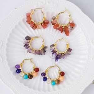 Natural Stone 7 Chakras Hoop Earring Reiki Chip Bead Pink Quartz Crystal Earrings Gold Color Earrings Jewelry Women