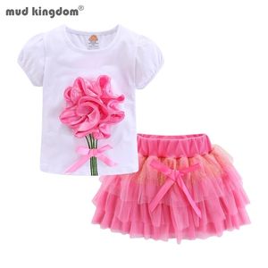Mudkingdom Cute Girls Outfits Boutique 3D Flower Lace Bow Tulle Tutu kjoluppsättningar för småbarnsflickor kläder Summer Costumes 220509