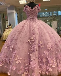 Vintage Pink 3D Floral Applique15 Princess QuinCeanera Dresses Off Shoulder Sweep Train Vestido De Debutante Dream Mis Quince XV