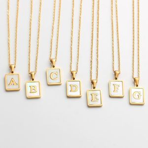 A-Z Alphabet Square Initial Necklaces Natural Shell Letter Necklaces for Women Fashion Minimalist Stainless Steel Jewelry