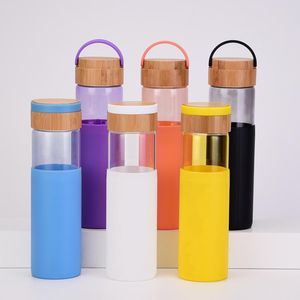 Wasserflaschen aus Borosilikatglas, 520 ml, Bambusdeckel und Silikonhülle, auslaufsicher, Sport- und Outdoor-Wasserflasche Seaway