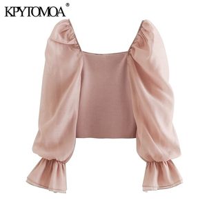 KPYTOMOA Frauen Süße Mode Patchwork Organza Gestrickte Blusen Vintage Durchsichtige Hülse Stretch Weibliche Shirts Chic Tops 210326