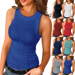 Kvinnors tankar Camis Summer Women's Solid Color Tight-passande våffelmönster Vest T-shirt mode casual all-match topp kvinnlig pojke