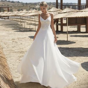 Andere Brautkleider A-Linie Spaghettiträger Kleid 2022 Sexy V-Ausschnitt ärmellose rückenfreie Chiffon-Brautkleider mit HofschleppeAndere