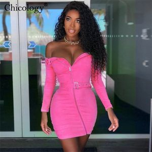 Chicology off shoulder belt zipper button dress long sleeve bodycon autumn winter women sexy party casual lady clothes T200521