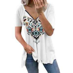 夏の女性プリントシャツ夏半袖VネックジップアップフローラルプリントシャツトップカジュアルルーズシャツブラウスブラザフェミニナL220705