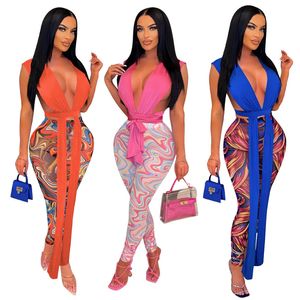 Venda Por Atacado Mulheres Tracksuits Malha Dois Peça Set Deep V Neck Bandage Cavidade Out Tops + Imprimir Calças Correspondência Conjunto Sexy Ver através da Night Club Wear Bulk 7319