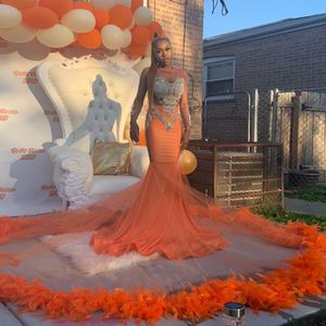 South African Orange Mermaid Prom Dresses Sheer Neck Long Sleeves Appliques Beads Feather Sweep Train Robe evening Formal Party Dress
