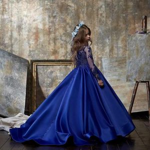 Girl's Dresses Royal Blue Lace Appliqued Flower Girl For Wedding Beaded Toddler Pageant Gowns Satin Long Sleeves Kids Prom DressGirl's Girl'