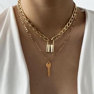 Chokers Cuban Link Kette Choker Halskette Punk Multilayer Vorhängeschloss Schlüssel Lange Anhänger Für Frauen Gold Farbe Kragen Schmuck Sidn22