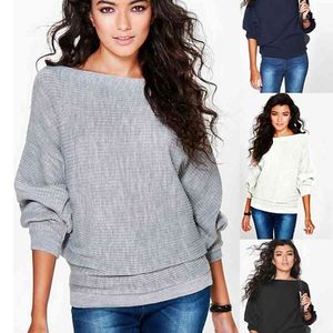 Bahar Gevşek Örme Kazaklar Kazak Kadın Moda O-Boyun Uzun Kollu Bayanlar Kazak Jumper Yarasa Kanat Casual