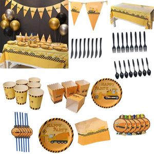 Party Decoration Construction Vehicle Decorations Disponertable Table Seary Tablecloth Cup Cake Toppers Banners Balloons For Kids Birthday