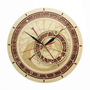 Praga zegar astronomiczny w drewnie Republika Czeska Średniowieczna Astronomia Wall Art Astrologia Dekoracyjne Wall Watch Grafika Praga Prezent G220422