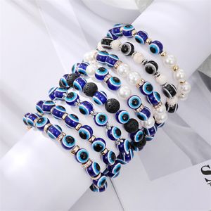 Turkish Lucky Evil Eye Bracelets Strands Bangle Imitation Pearls Blue Eyes Beaded Charm Bracelet for Women Men Couple Fashion Handmade Gothic Jewelry Gifts