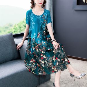 Blue Floral Chiffon Vintage Midi Dresses Elegant Female 4XL Plus Size Print Sundress Summer Party Bodycon Runway Vestidos 220517