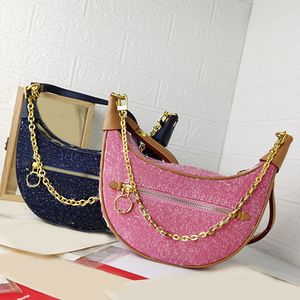 Half Moon Shoulder Bags bleknade duk handväska crossbody väska jacquard blomma guld metall kedja ihålig bokstav blixtlås justerbar läderband högkvalitativ plånböcker