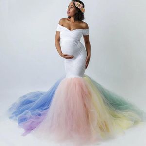 Sıradan elbiseler seksi analık dantel maxi elbise için po çekim renkli örgü patchwork hamile kadın hamilelik pografi