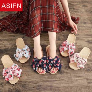 Asifn Summer Slippers Women Fresh Cute Style Bow Linen جميل المنزل الناعم الناعم المضاد للسيدات حلوة النعال المسطحة J220716