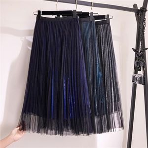 GIGOGOU Sparkling Sequined Summer Pleated Skirts Elegant Women A Line Maxi Skirt Empire Long Tulle Skirt Midi Holiday Tutu Skirt T200301