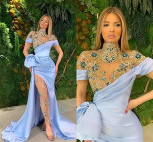 2022 Luxury Crystal Evening Dresses Pantsuits Illusion High Neck Prom Dress Extraordinära Baby Blue Pageant klänningar B0606X14