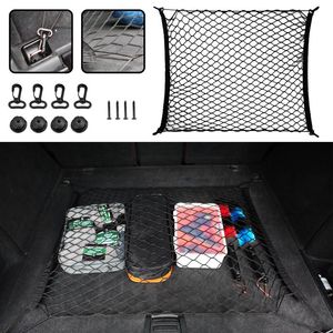 Car Organizer Trunk Rear Storage Cargo Luggage Nylon Elastic Net Holder With 4 Plastic Hooks Pocket For Van Pickup SUV MPVCar