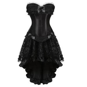 Bustiers korsetter sexiga burlesk korsett kjol set spetsklänning gotiska klänningar och fest plus storlek vintage svart klädbuster