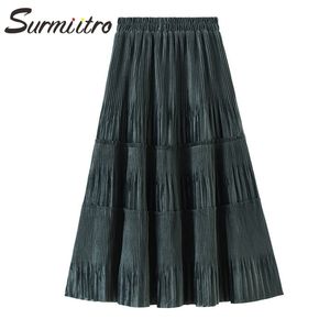 Surmiitro Super Quality Velvet Long Юбка Женщины Осень Зимняя Корейская черная зеленая высокая талия плиссированная миди -юбка самка 210306