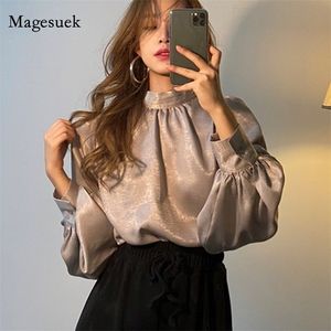 Korean Fashion Smooth Blouse Women Spring Slim Office Lady Elegant Tops Lantern Sleeve Solid Stand Collar Shirt Blusas 12944 220513
