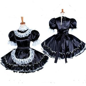 Schwarze Satin-maid großhandel-abschließbarer Sissy Maid Schwarzes Satin Kleid Uniform Cosplay Kostüm Schneider Made327R