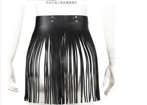 Fashion Women Sexy Tassel Leather Skirts Punk Gothic Waistband Long Fringe Black High Waist Belt Club Party Skirt1