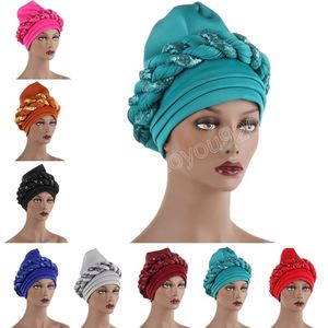 2022 Müslüman Türban Kap Moda Abartılı Toprak Renk Başörtüsü Şapka Katmanlı İki Tonlu Payetli Büküm Bandana Şapka