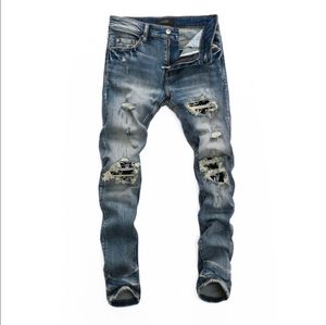 2021 Hip-Hop High Street Fashion Märke Jeans Retro Torn Fold Stitching Men's Designer Motorcykel Riding Slim Pants Storlek 28 ~ 40#706