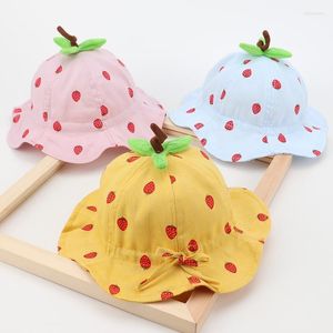 Berets Kids Mite Fisherman Hat Girl Boy Boy Strawberry Pattern Bucket Baby Sun Коттон 6-24 месяца Олив22