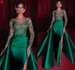 Grüne Meerjungfrau Abendkleider 2022 Elegante Sheer Long Sleeves Satin Sexy Schlitz Perlen Formale Kleid Party Prom Kleider vestidos de noiva BC11813