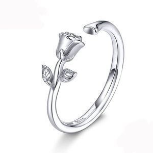 Thorns and Rose Open Adjustable Finger Rings for Women D Flower Ring Band Sterling Silver Jewelry Korean