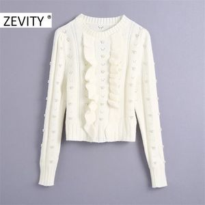 Zevity Women O pescoço Agaric Lace Pearl Sweater de tricô feminino feminino puff sleeve hollow ruffles pullover tops s446 201221