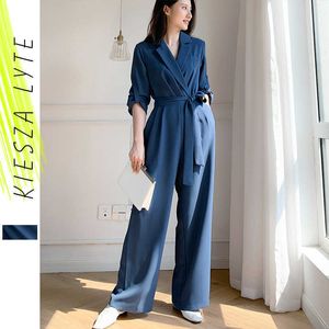 Women Wide Leg Jumpsuit Long Playsuits Lace Up Blue Rompers Female Casual Office Lady Work Wear Elegant Fashion Clothes 210608