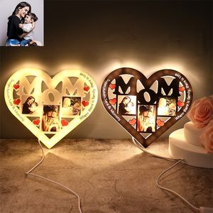 Personlig hjärtformad nattljus Anpassad potextpussel Led USB Woodacrylic Momdad Family Unika gåvor för mödrar Dag 220711