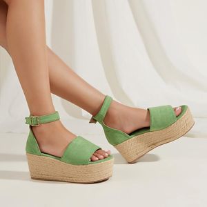 Sandals Wedges Sapates mulheres camurça verde de salto alto de verão teceamento de grama tornozelo plataforma bohemian sendale femesandals