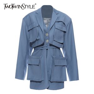 TWOTWINSTYLE Casual Women Blazer Notched Collar Long Sleeve High Waist Lace Up Patchwork Pockets Suit Female Fashion Clothes New LJ201021