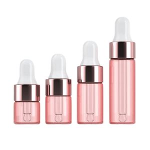 1ml 2ml 3ml 5ml Mini Clear Pink Empty Glass Essential Oil Bottle Refillable Container Shiny Rose Gold Lid White Top Cosmetic Packaging Rubber Dropper Vials