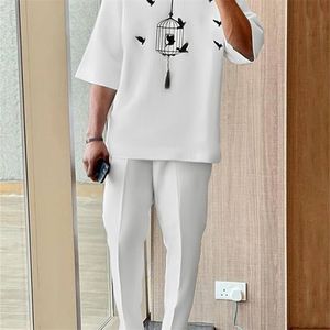 INCERUN Men Printing Sets Muslim Fashion O-neck Hafl Sleeve T Shirt & Pants 2PCS Streetwear Loose Men Casual Suits S-5XL 220627